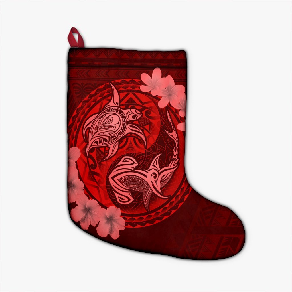 Hawaii Yin Yang Turtle Shark Hibiscus Plumeria Christmas Stocking - Red - AH Christmas Stocking 26 X 42 cm Black - Polynesian Pride