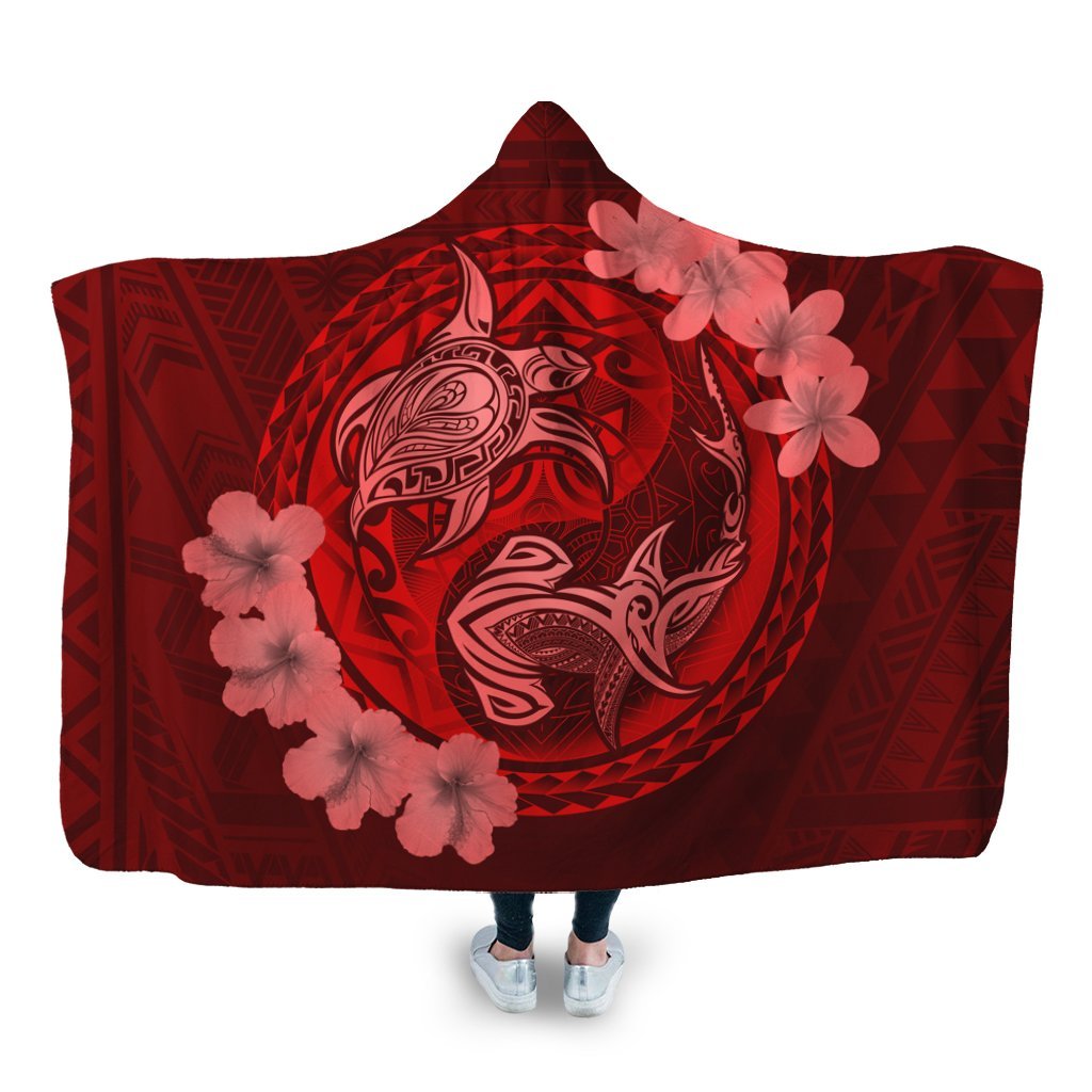 Hawaii Yin Yang Turtle Shark Hibiscus Plumeria Hooded Blanket - Red - AH Hooded Blanket White - Polynesian Pride