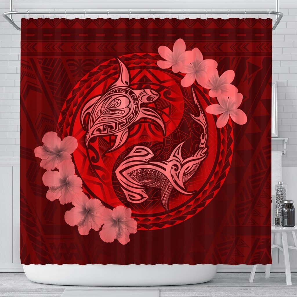 Hawaii Yin Yang Turtle Shark Hibiscus Plumeria Shower Curtain - Red - AH 177 x 172 (cm) Black - Polynesian Pride