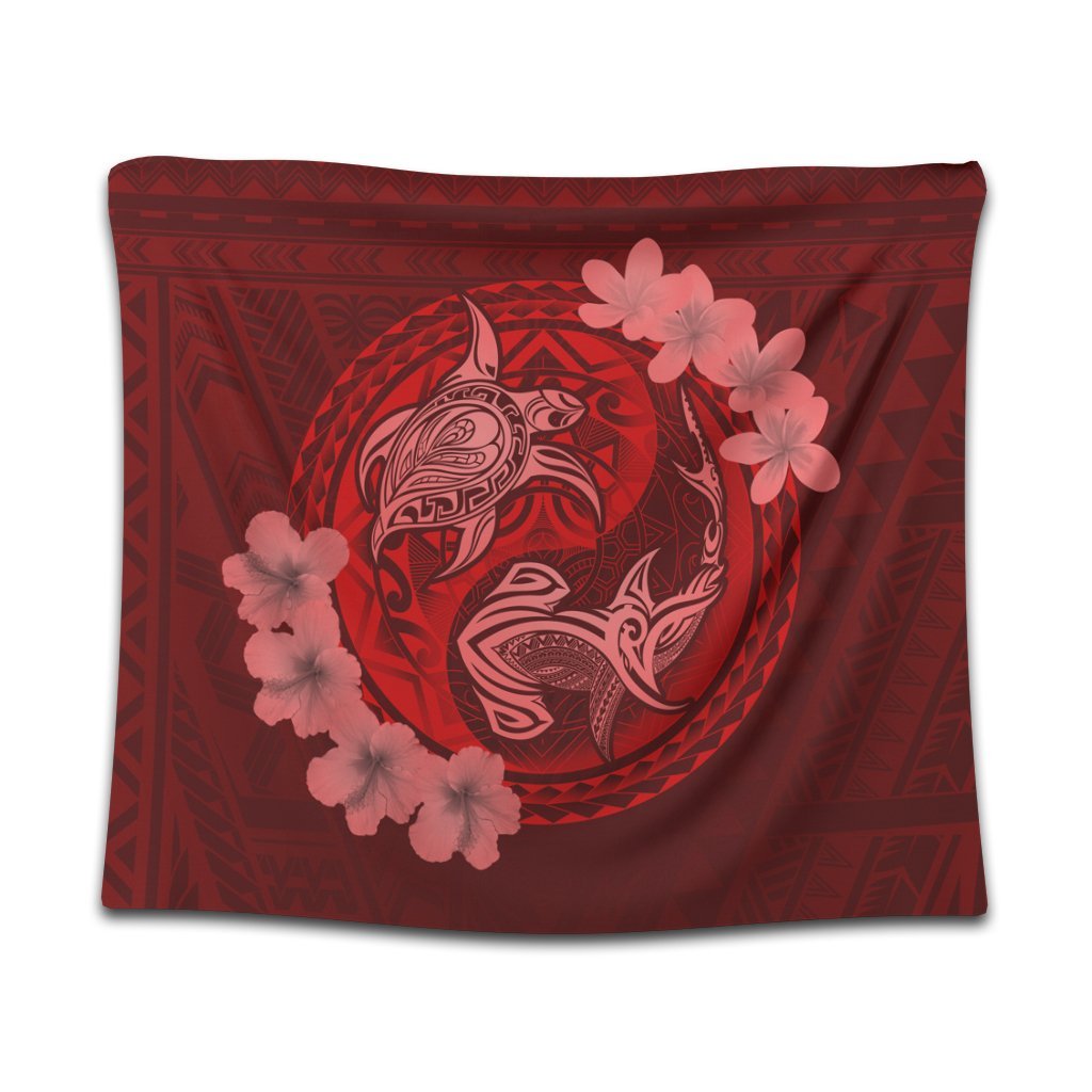 Hawaii Yin Yang Turtle Shark Hibiscus Plumeria Tapestry - Red - AH Wall Tapestry Black - Polynesian Pride