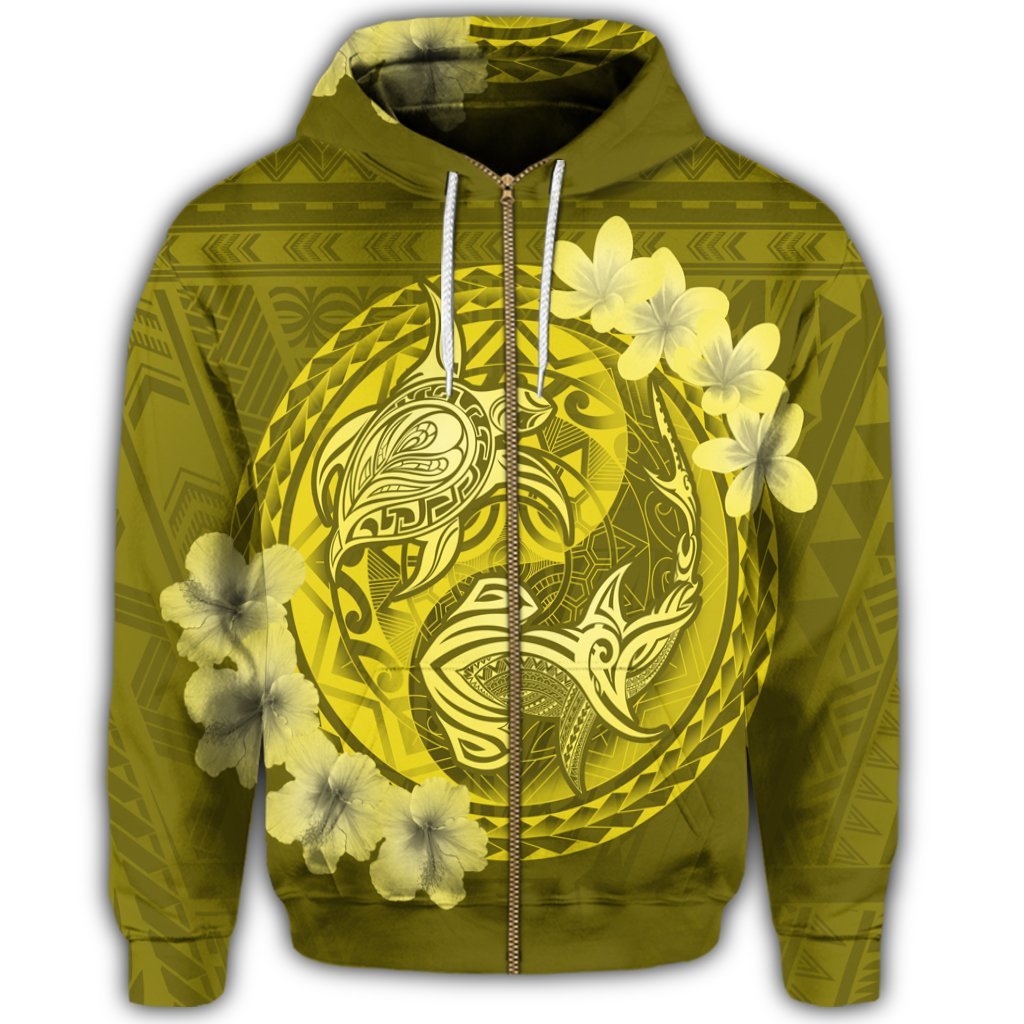 Hawaii Yin Yang Turtle Shark Hibiscus Plumeria Zip Hoodie Yellow - Polynesian Pride
