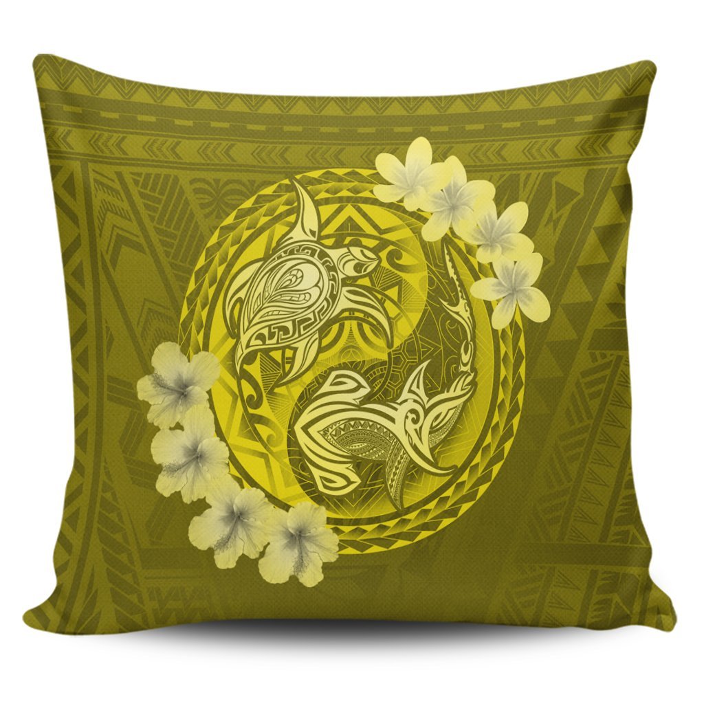 Hawaii Yin Yang Turtle Shark Hibiscus Plumeria Pillow Covers - Yellow - AH Pillow Covers Black - Polynesian Pride