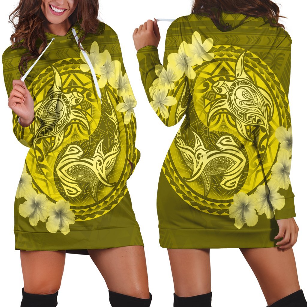 Hawaii Yin Yang Turtle Shark Hibiscus Plumeria Hoodie Dress - Yellow - AH Black - Polynesian Pride