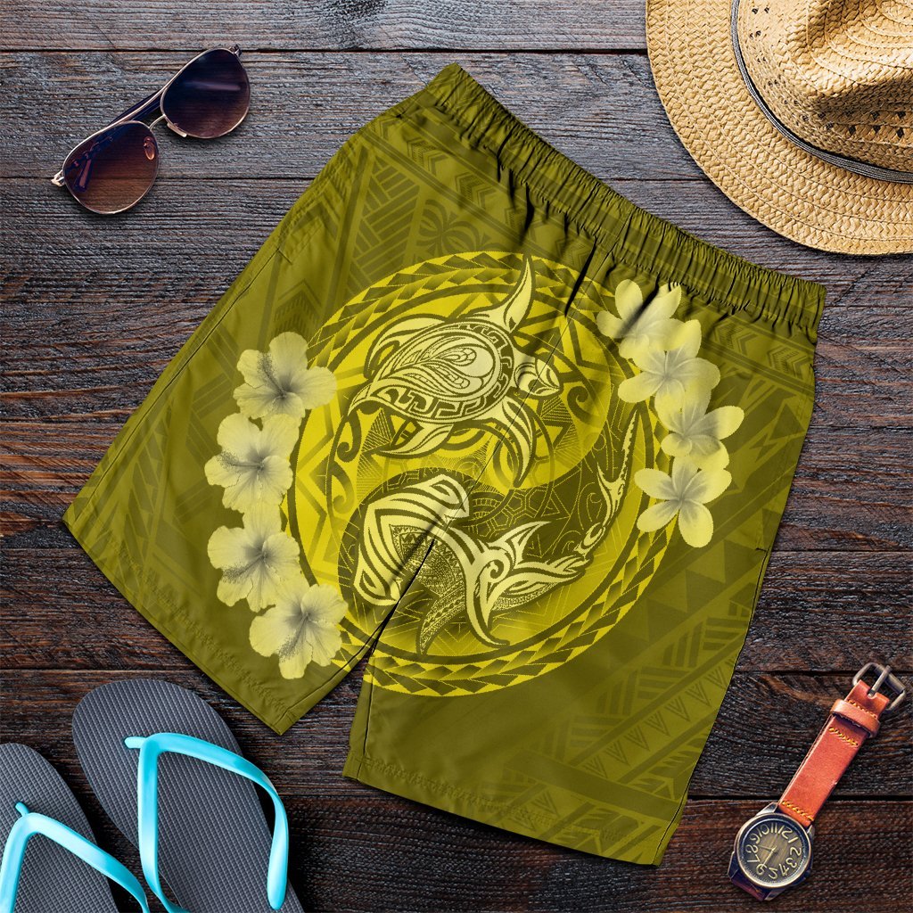 Hawaii Yin Yang Turtle Shark Hibiscus Plumeria Men's Shorts - Yellow - AH Art - Polynesian Pride