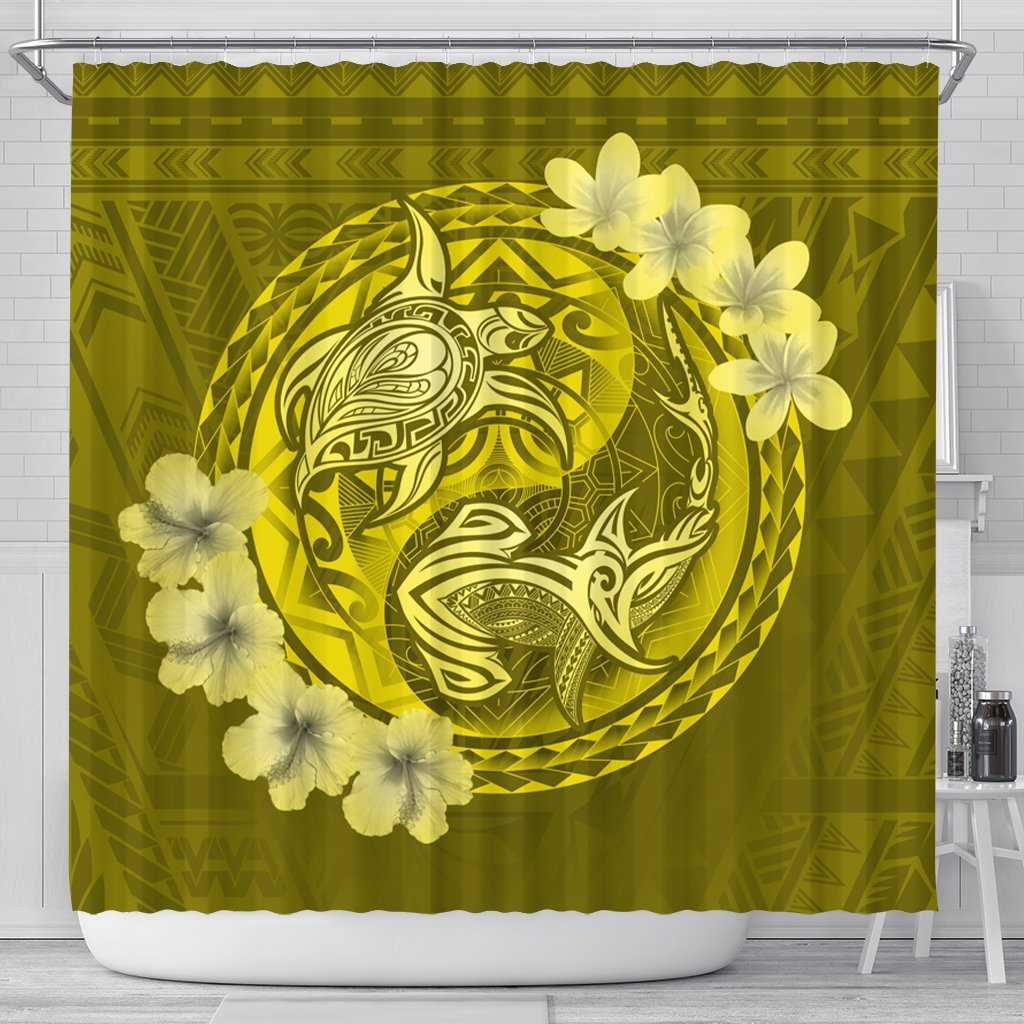 Hawaii Yin Yang Turtle Shark Hibiscus Plumeria Shower Curtain - Yellow - AH 177 x 172 (cm) Black - Polynesian Pride