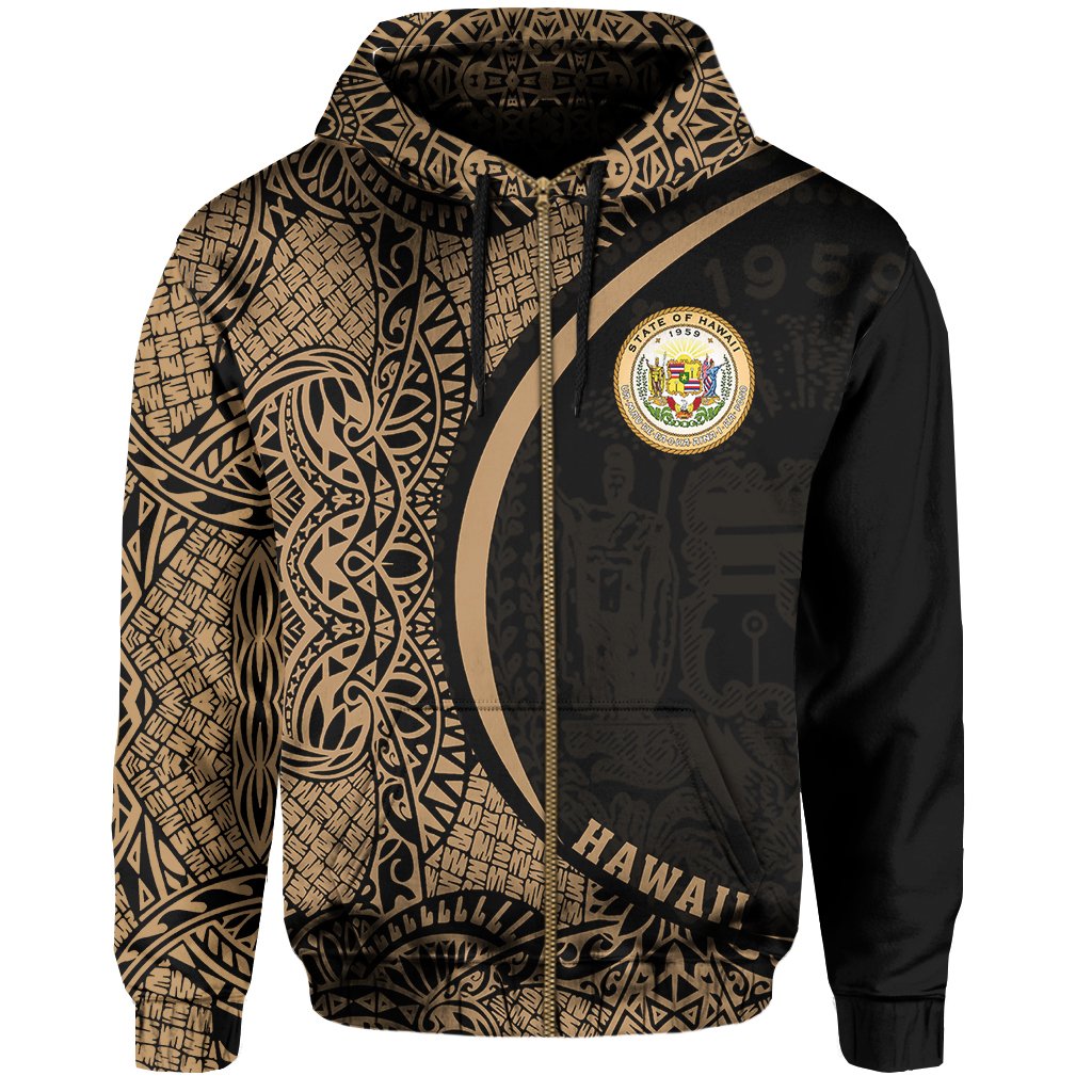 Hawaii Polynesian Zipper Hoodie Gold Round Style - Polynesian Pride