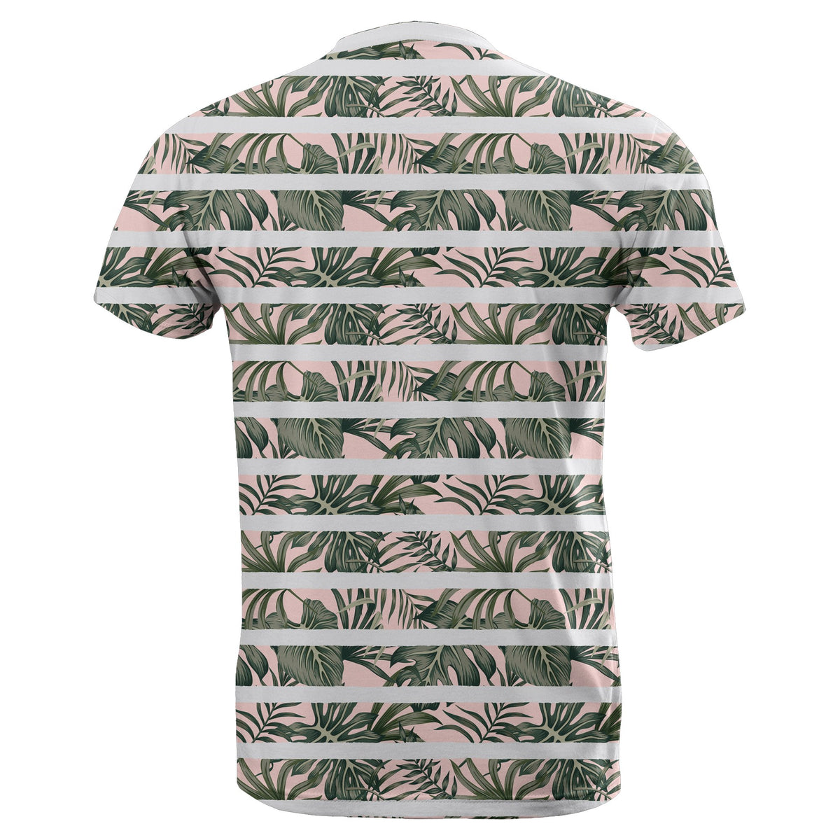 Hawaii Tropical Dark Green Leaves Seamless Pattern White Stripes Pink Background T Shirt - Polynesian Pride