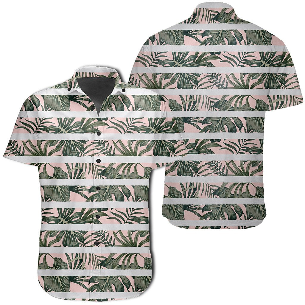 Hawaiian Shirt - Tropical Dark Green Leaves Seamless Pattern White Stripes Pink Background Shirt Unisex Black - Polynesian Pride