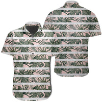 Hawaiian Shirt - Tropical Dark Green Leaves Seamless Pattern White Stripes Pink Background Shirt Unisex Black - Polynesian Pride