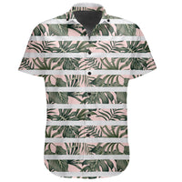 Hawaiian Shirt - Tropical Dark Green Leaves Seamless Pattern White Stripes Pink Background Shirt - Polynesian Pride