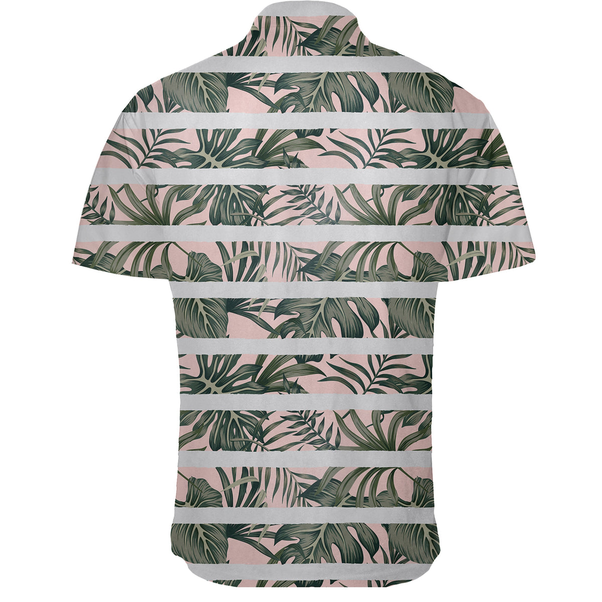 Hawaiian Shirt - Tropical Dark Green Leaves Seamless Pattern White Stripes Pink Background Shirt - Polynesian Pride