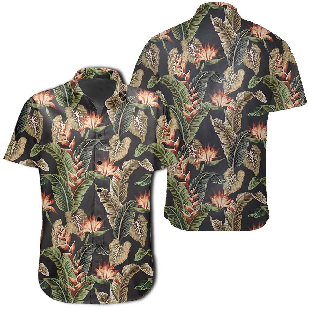 Hawaiian Shirt - Tropical Floral Vintage Strelitzia Flower Banana Leaves Shirt Unisex Black - Polynesian Pride