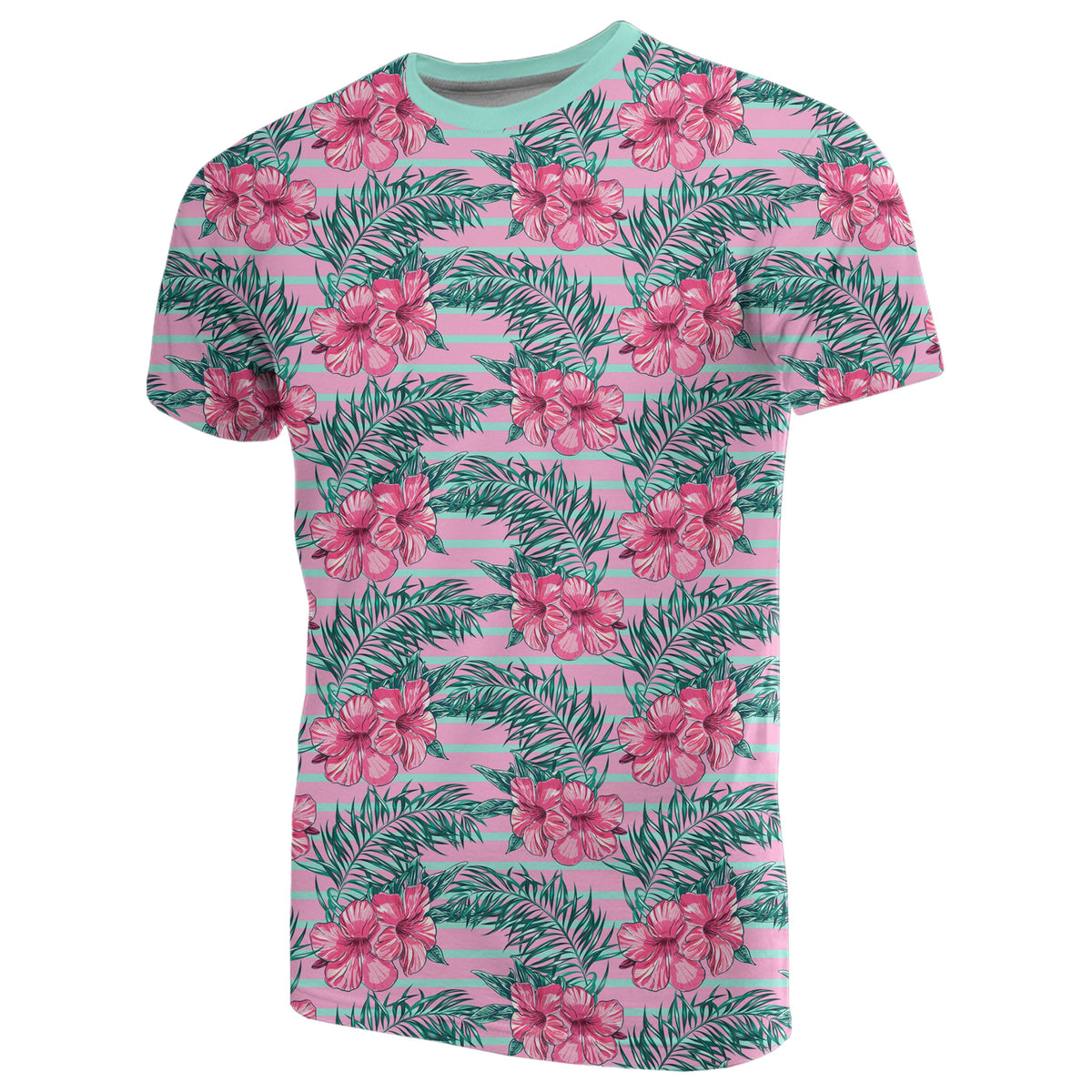 Hawaii Tropical Flowers Palm Leaves Hibiscus Strips T Shirt - Polynesian Pride