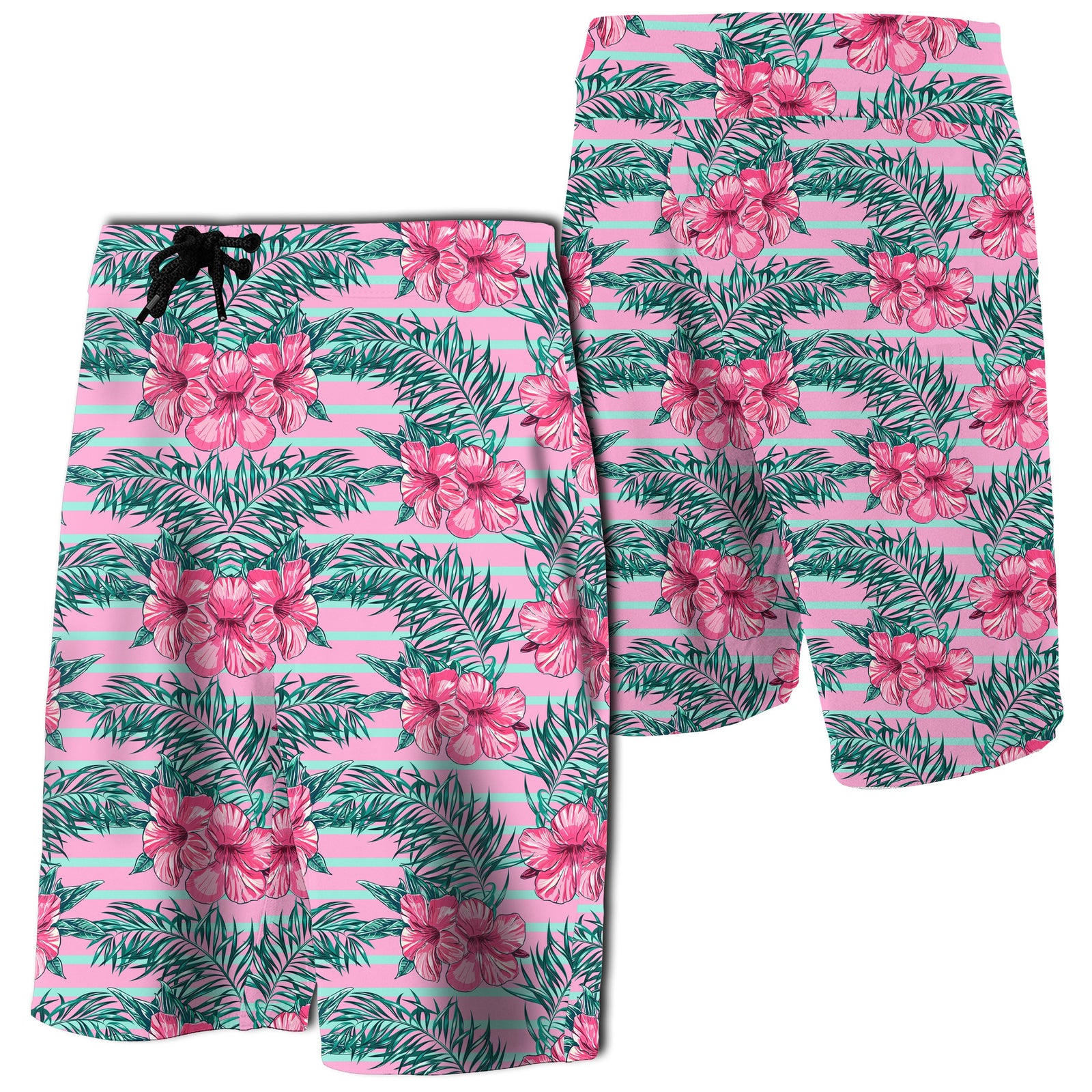 Hawaii Tropical Flowers Palm Leaves Hibiscus Strip Board Shorts Men Pink - Polynesian Pride
