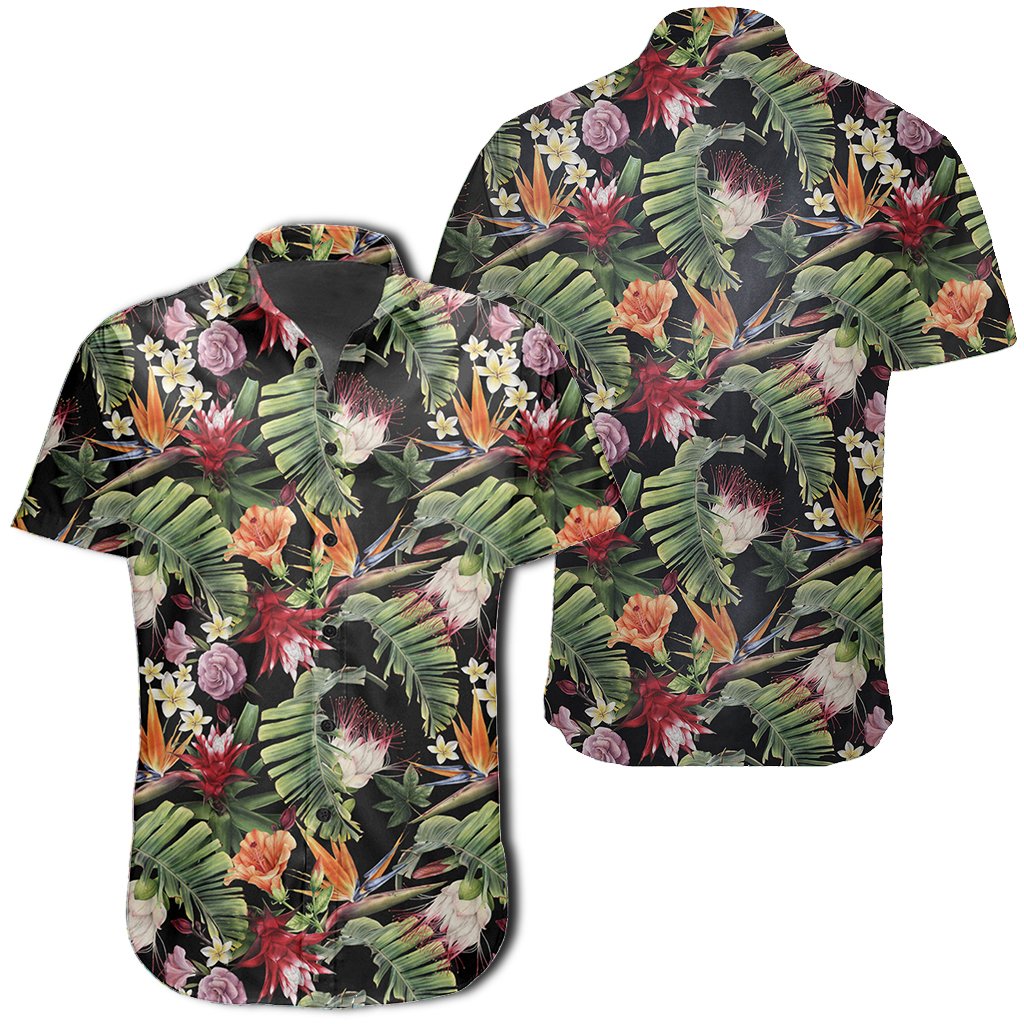 Hawaiian Shirt - Tropical Flowers Watercolor Shirt Unisex Black - Polynesian Pride