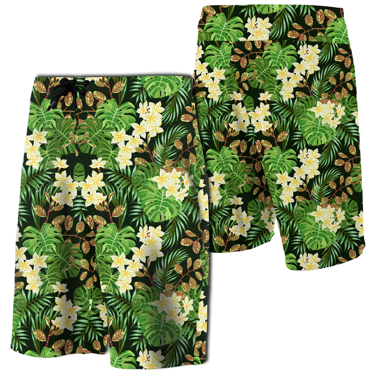 Hawaii Tropical Leaves And Plumeria Board Shorts Men Green - Polynesian Pride