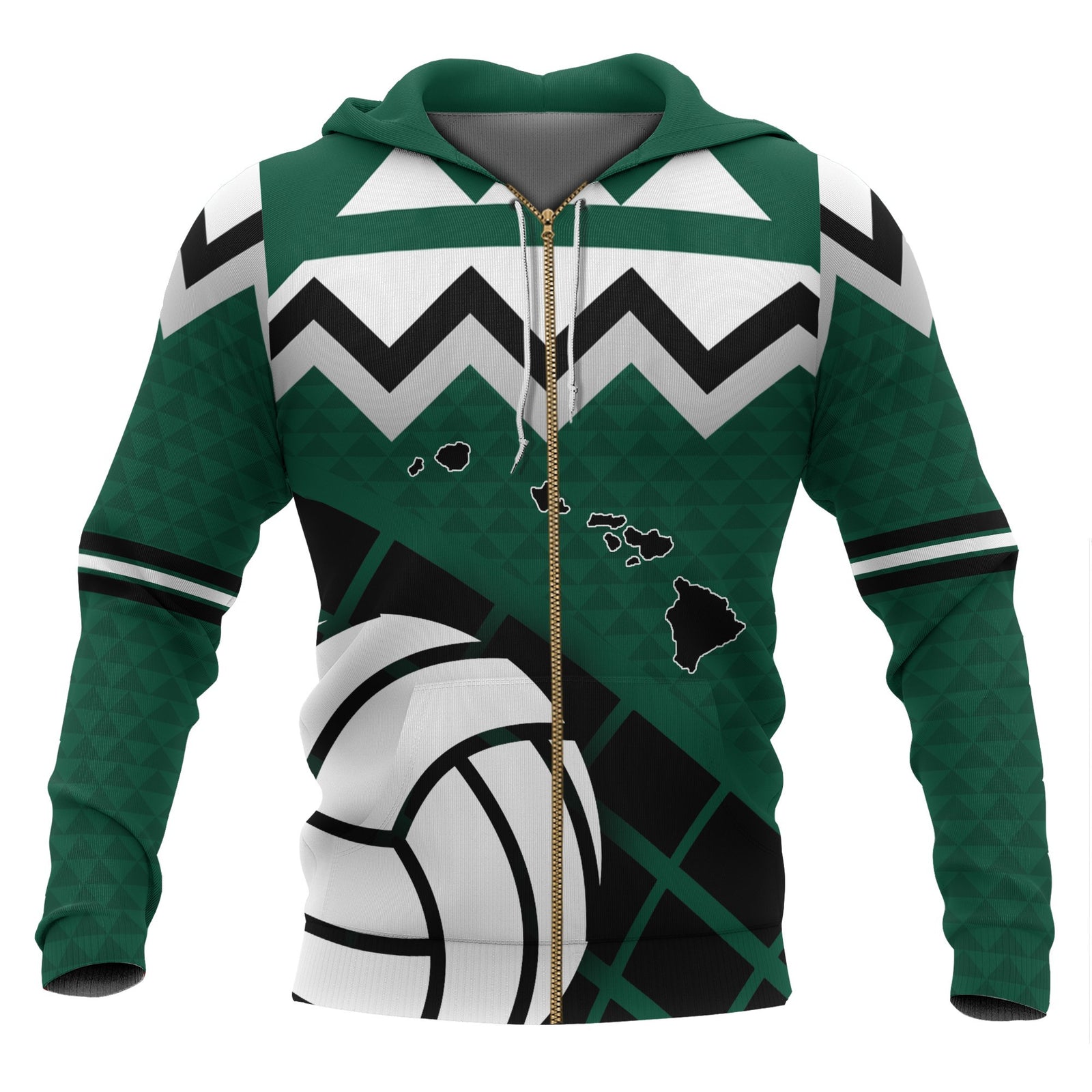 Polynesian Hawaii Zip up Hoodie Volleyball and Map Unisex Green - Polynesian Pride