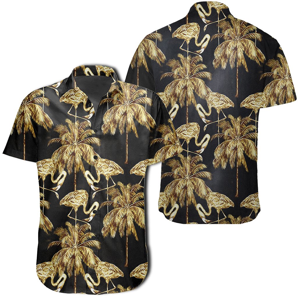 Hawaiian Shirt - Watercolor Flamingos Palm Trees Beautiful Seamless Shirt Unisex Black - Polynesian Pride