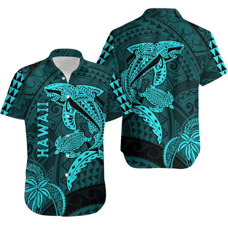 (Custom Personalised) Hawaii Hawaiian Shirt Shark and Turtle Mix Kakau Turquoise LT9 Turquoise - Polynesian Pride