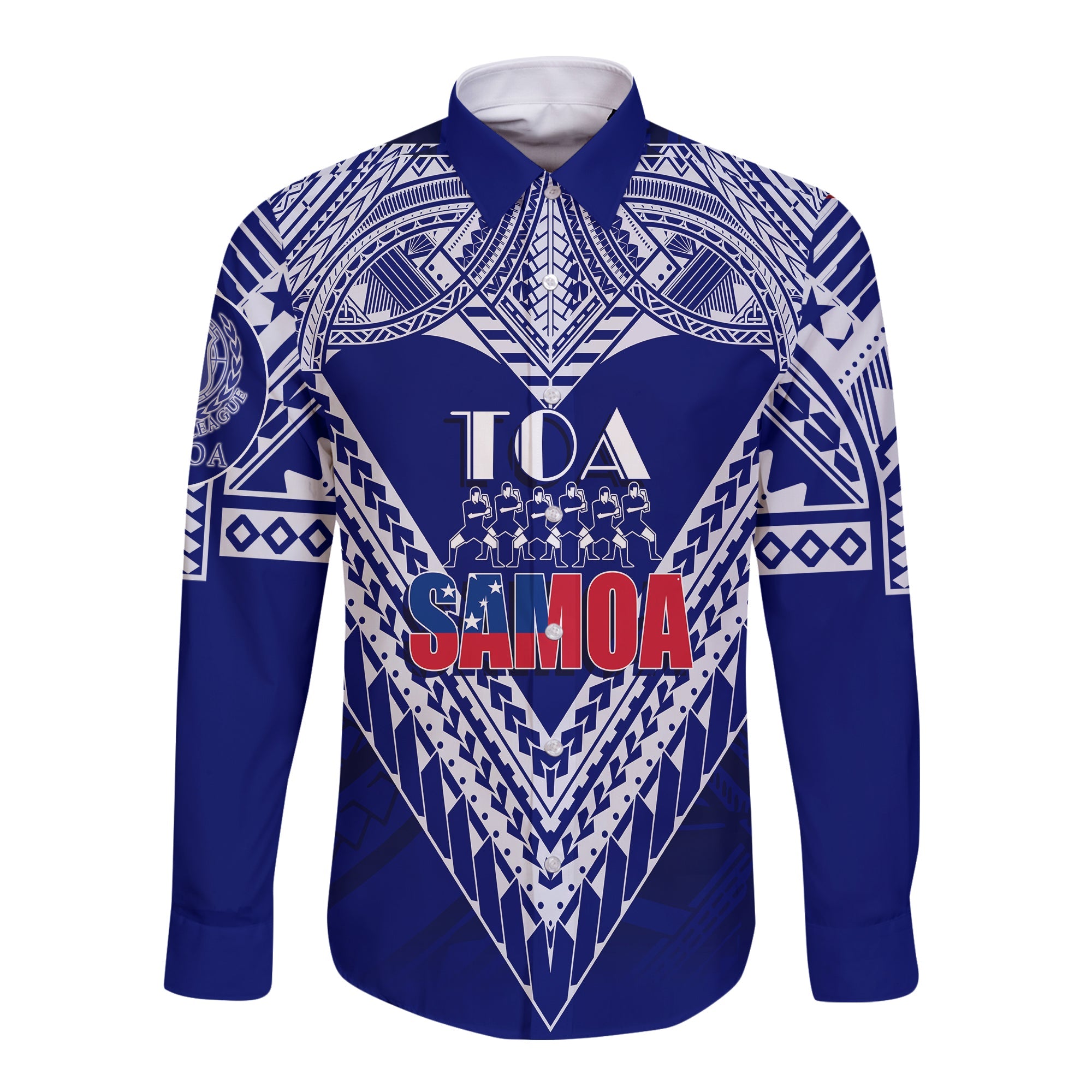 (Customize Personalize) Toa Samoa RLS Warriors Siva Tau Long Sleeves Button Shirt LT7 Unisex Blue - Polynesian Pride