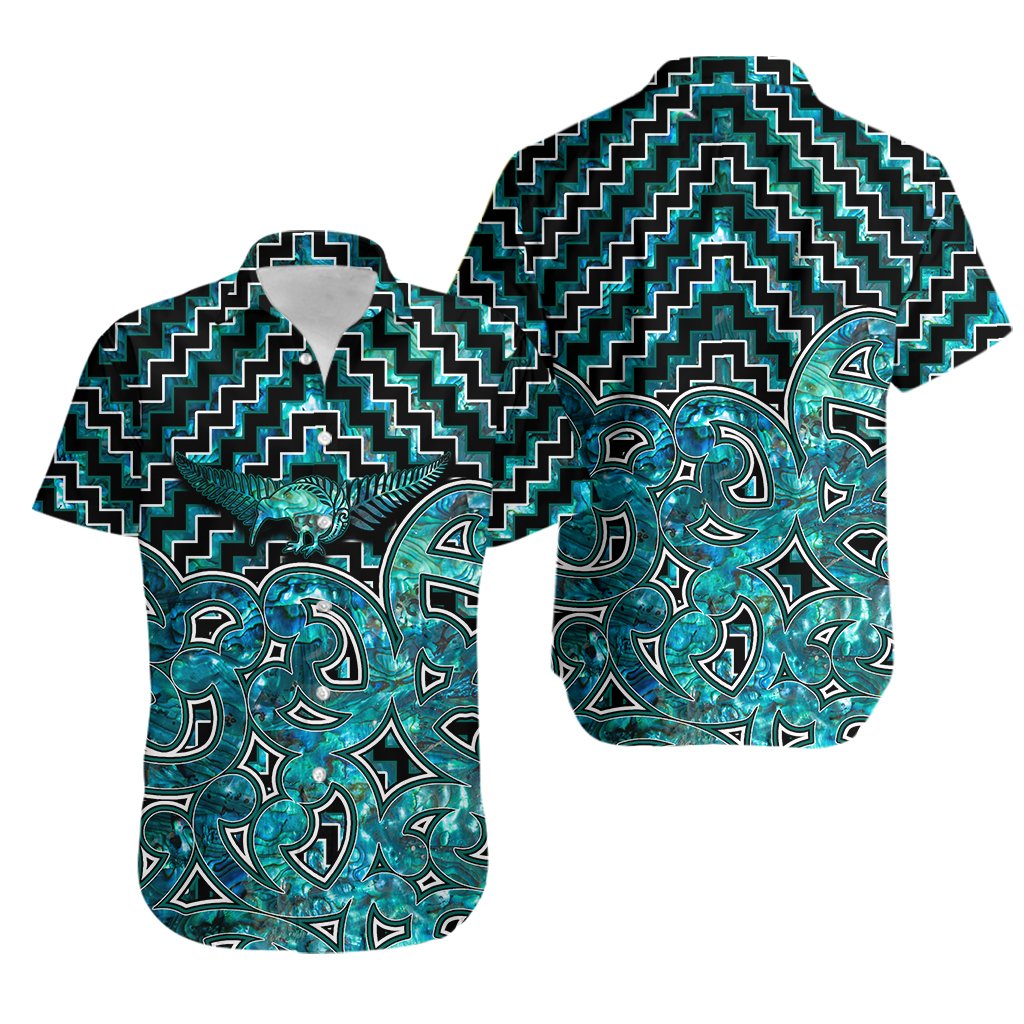 New Zealand Hawaiian Shirt Maori Graphic Tee patterns Paua Shell LT6 Unisex Green - Polynesian Pride