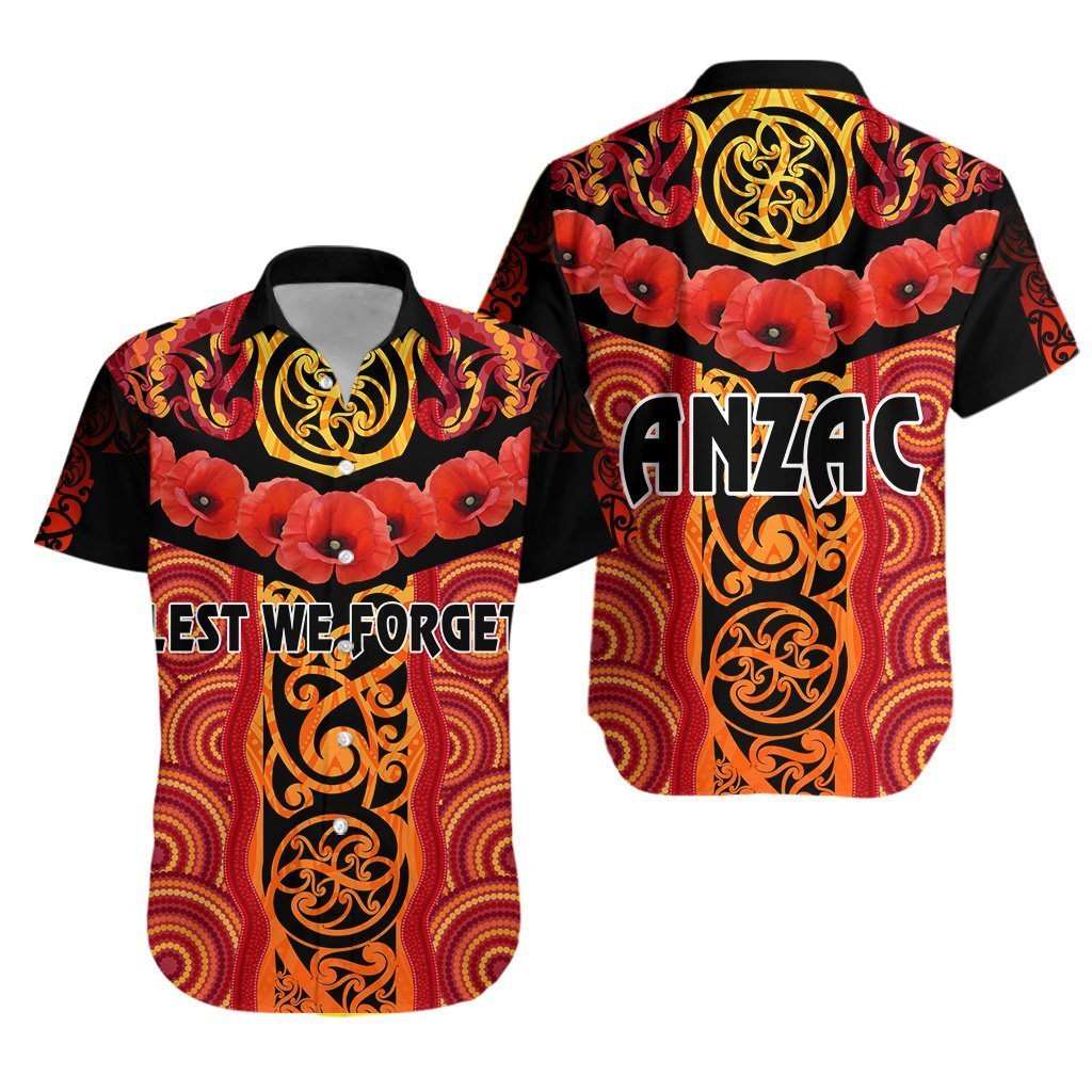 Anzac Lest We Forget Poppy Hawaiian Shirt New Zealand Maori Silver Fern - Australia Aboriginal Unisex Red - Polynesian Pride