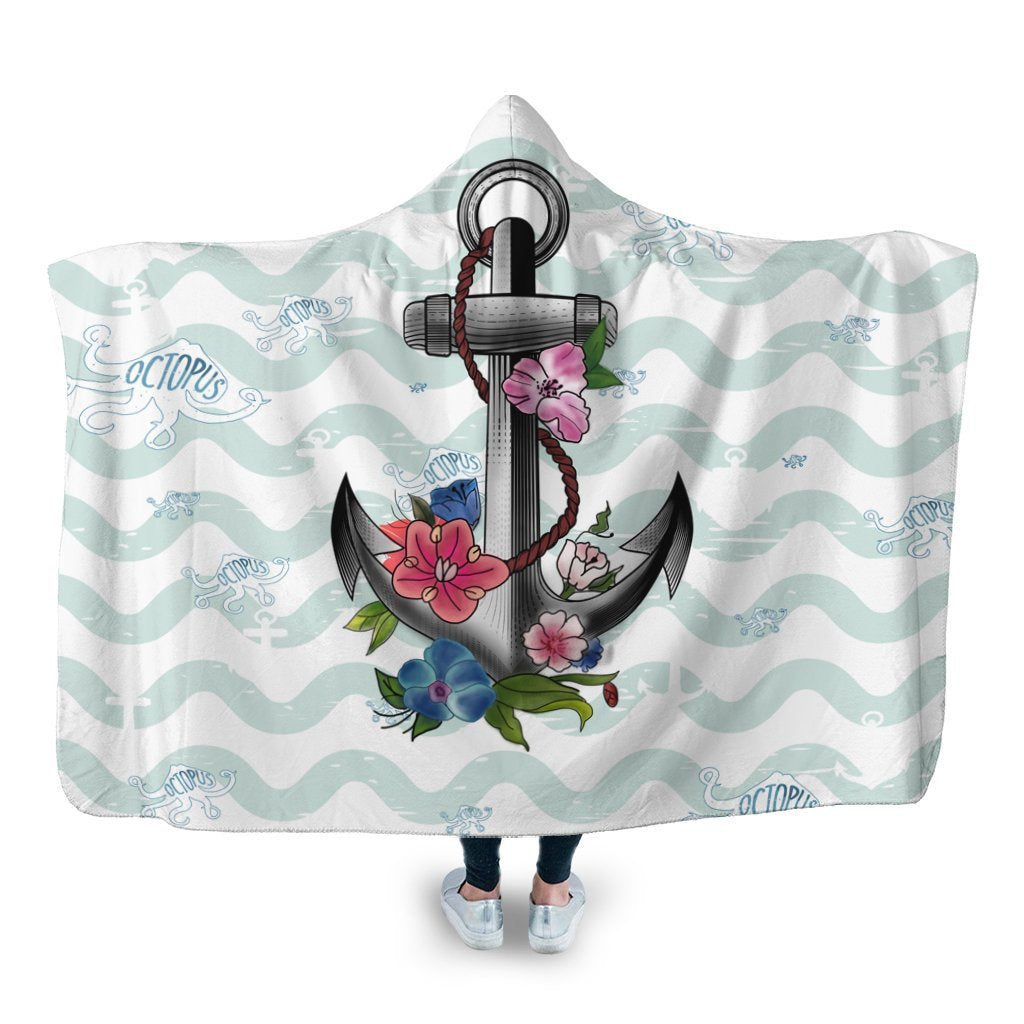 Hawaiian Anchor Hibiscus Wave Hooded Blanket - AH Hooded Blanket White - Polynesian Pride