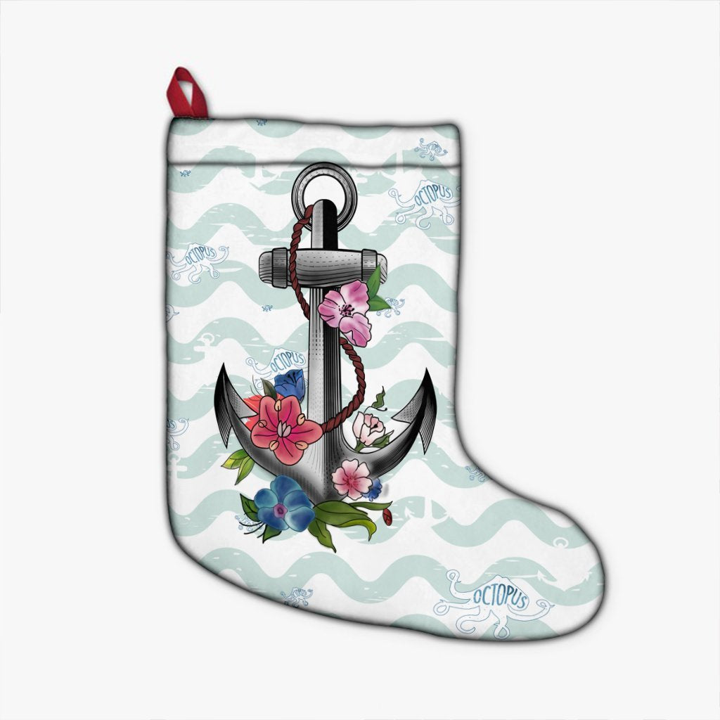 Hawaiian Anchor Hibiscus Wave Christmas Stocking - AH Christmas Stocking 26 X 42 cm Black - Polynesian Pride