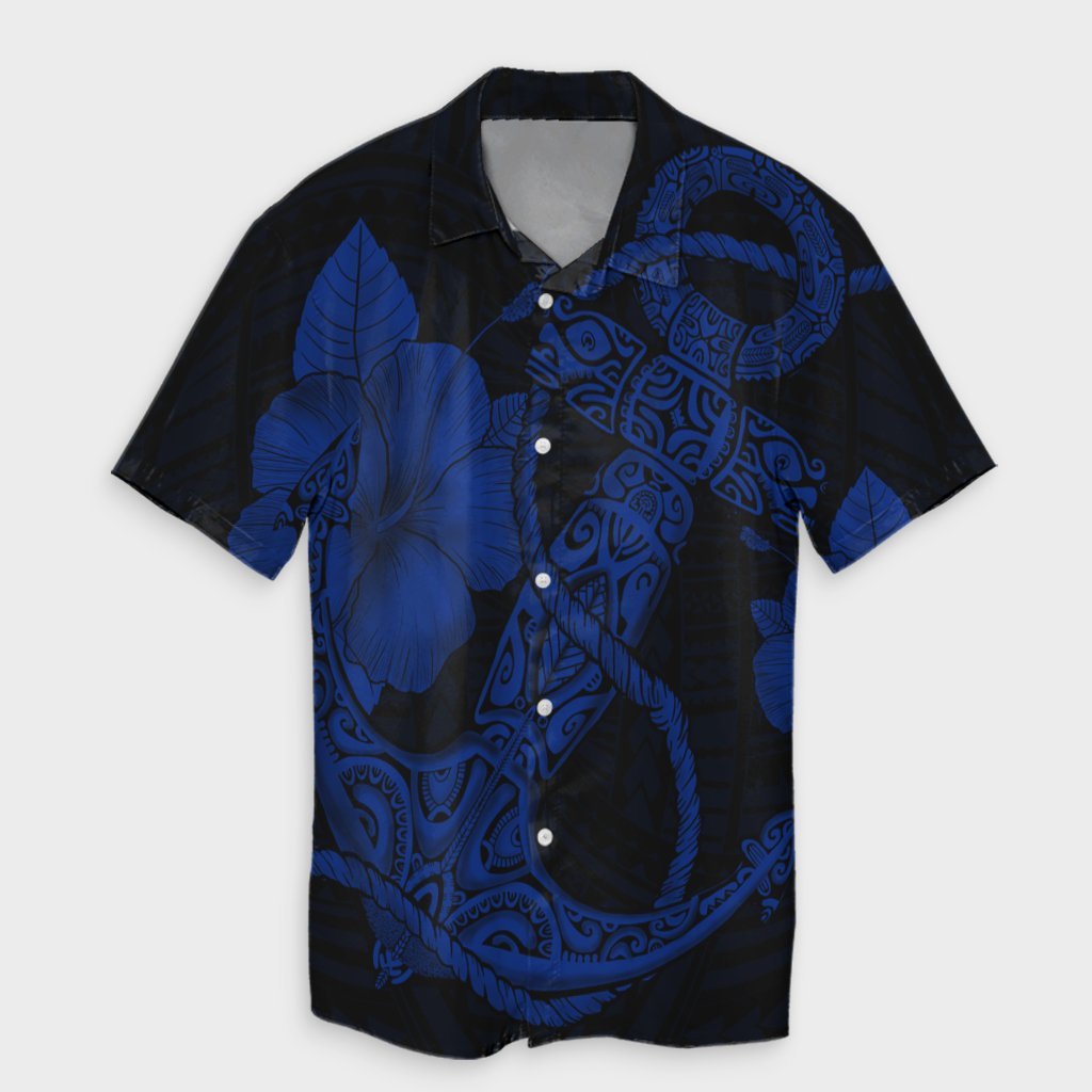 Hawaiian Anchor Poly Tribal Hibiscus Polynesian Hawaiian Shirt Blue - AH Unisex Black - Polynesian Pride