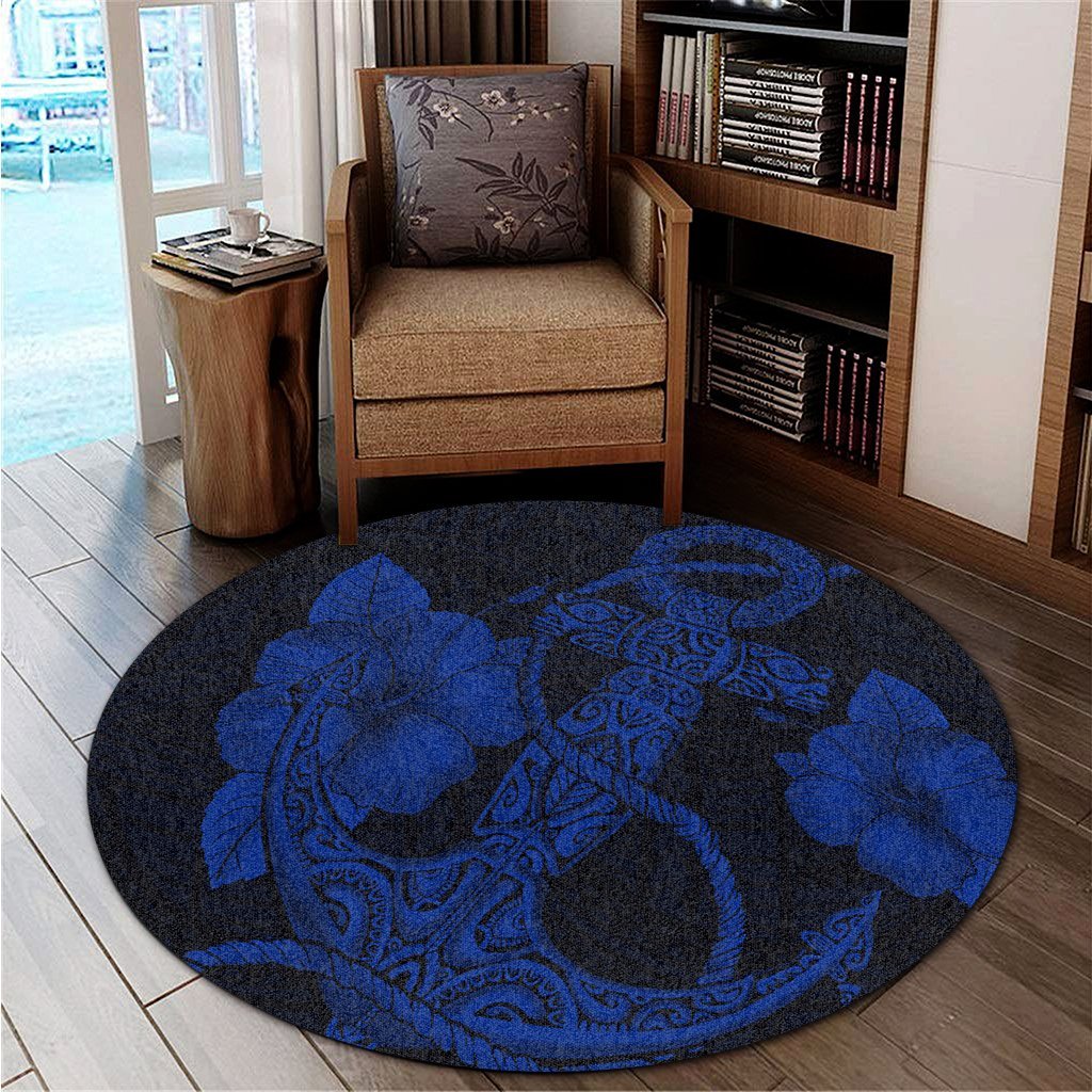 Hawaiian Anchor Poly Tribal Hibiscus Polynesian Round Carpet Blue - AH - Polynesian Pride