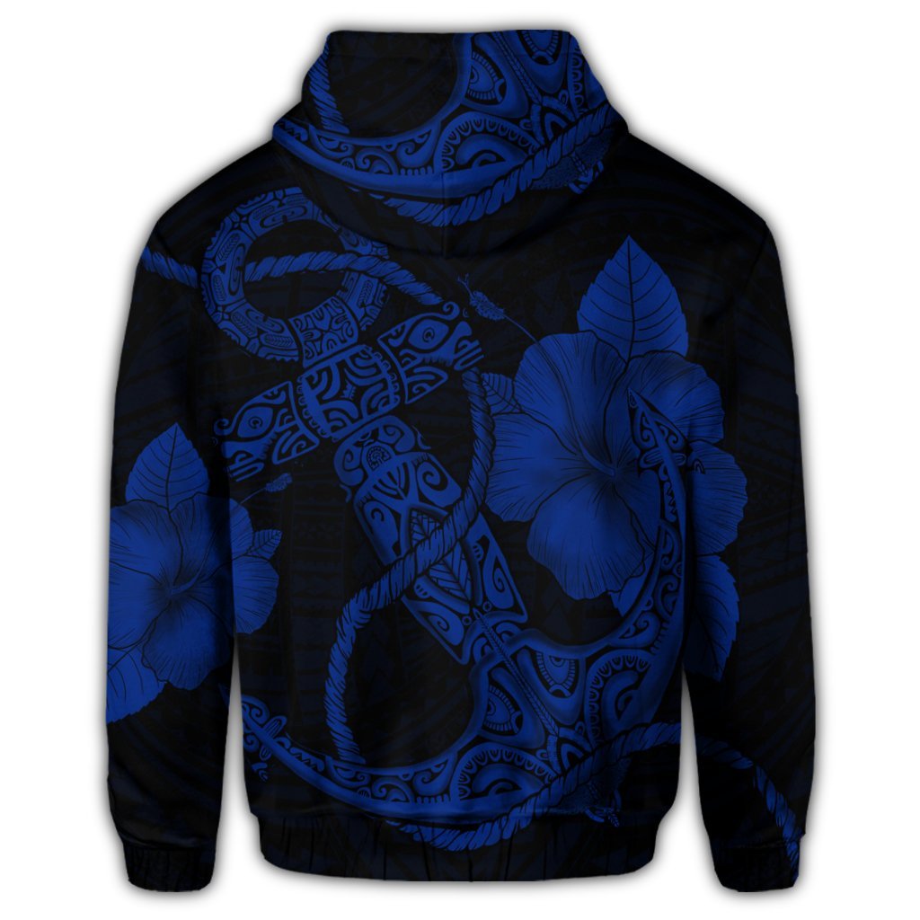 Hawaiian Anchor Poly Tribal Hibiscus Polynesian Zip Hoodie Blue - Polynesian Pride