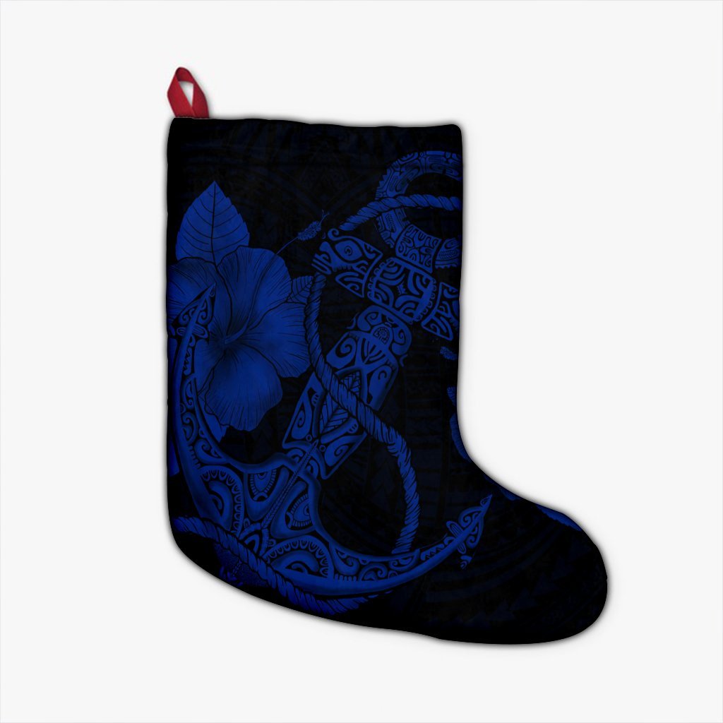 Hawaiian Anchor Poly Tribal Hibiscus Polynesian Christmas Stocking Blue - AH Christmas Stocking 26 X 42 cm Black - Polynesian Pride