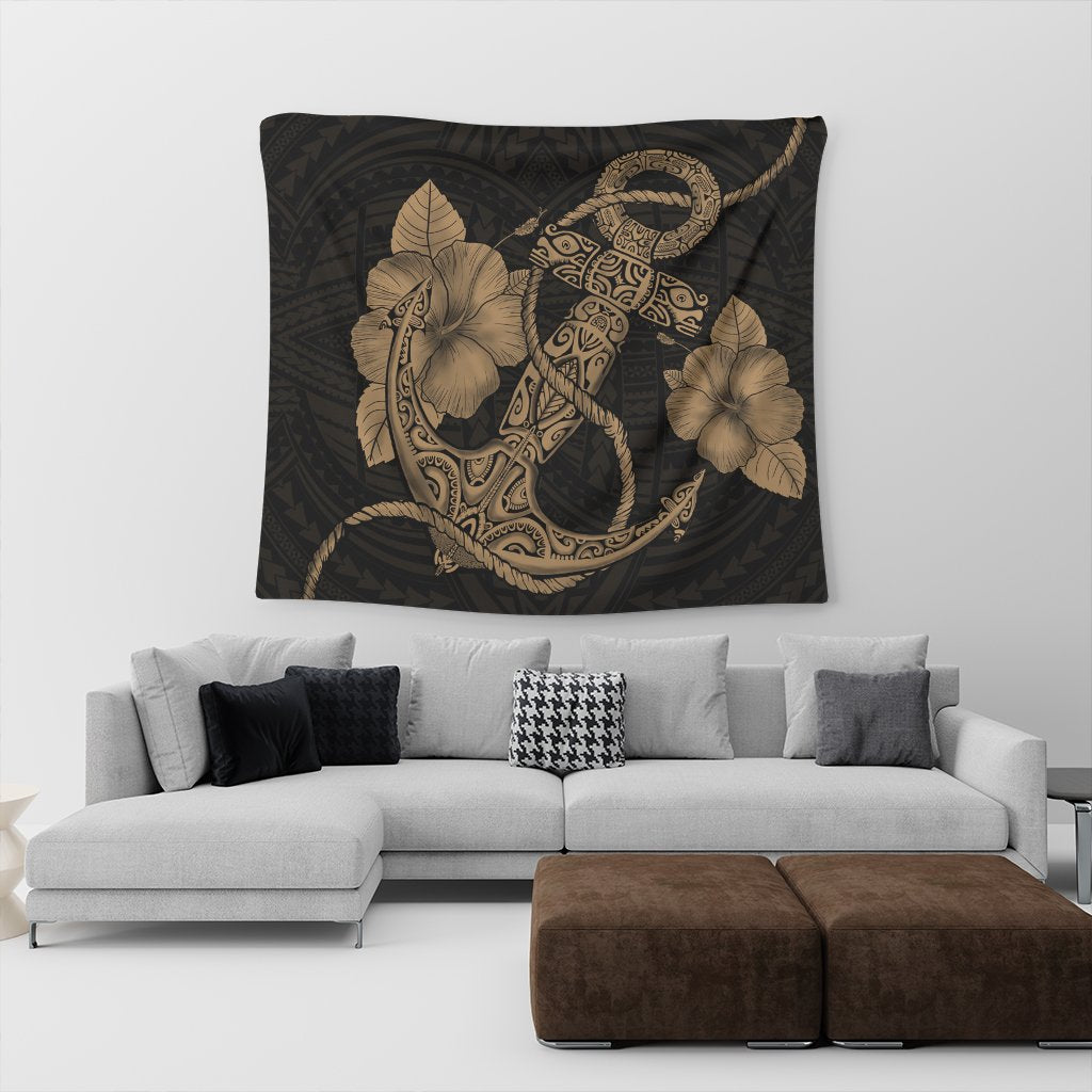 Hawaiian Anchor Poly Tribal Hibiscus Polynesian Tapestry Gold - AH - Polynesian Pride