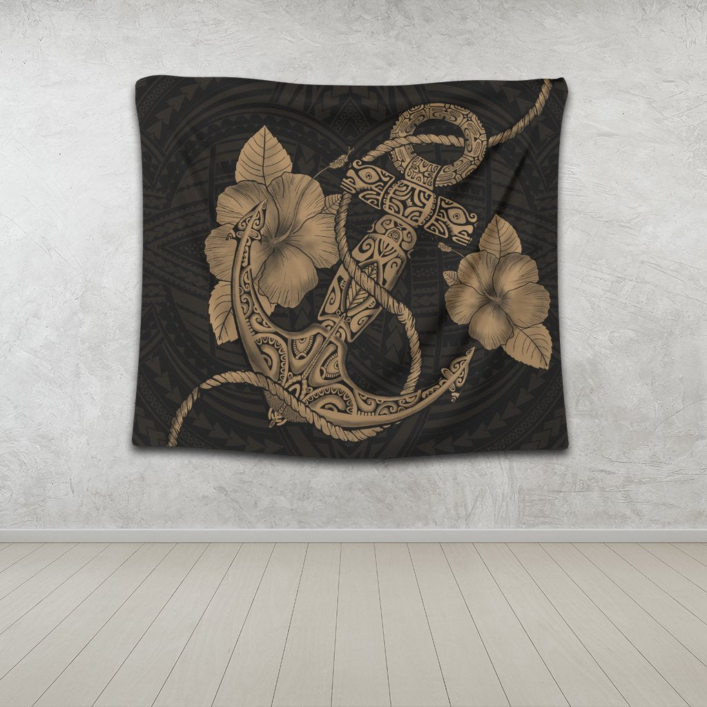 Hawaiian Anchor Poly Tribal Hibiscus Polynesian Tapestry Gold - AH - Polynesian Pride
