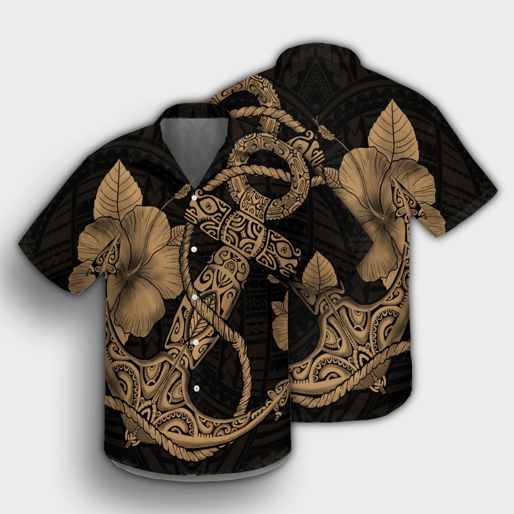 Hawaiian Anchor Poly Tribal Hibiscus Polynesian Hawaiian Shirt Gold - AH - Polynesian Pride
