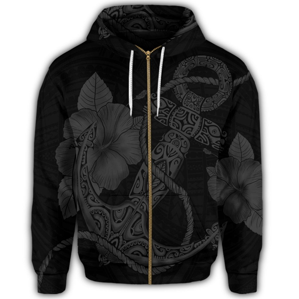 Hawaiian Anchor Poly Tribal Hibiscus Polynesian Zip Hoodie Gray - Polynesian Pride