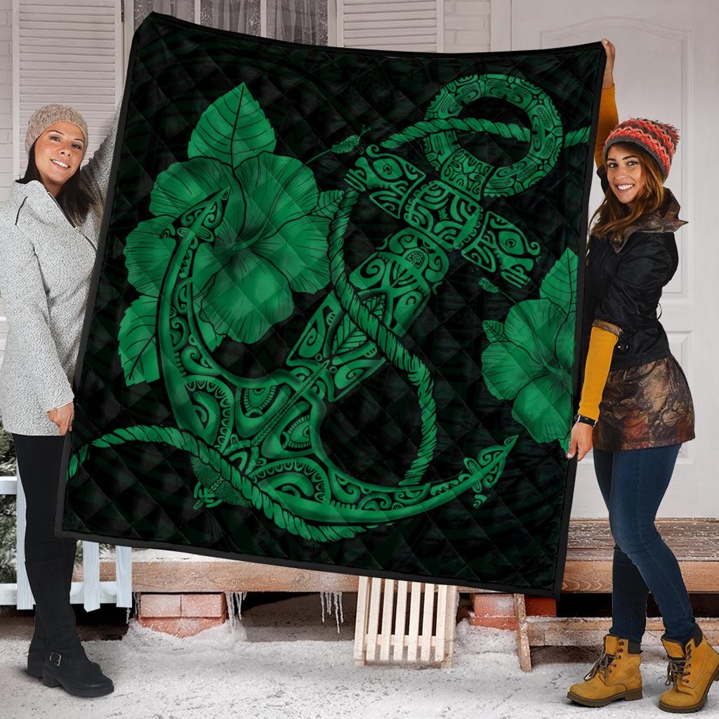 Hawaiian Anchor Poly Tribal Hibiscus Polynesian Premium Quilts Green - AH - Polynesian Pride