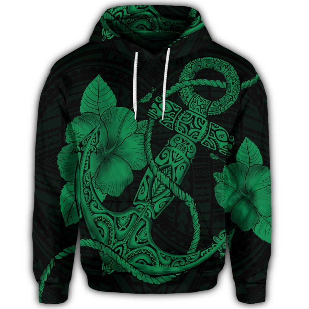 Hawaiian Anchor Poly Tribal Hibiscus Polynesian Hoodie Green - Polynesian Pride
