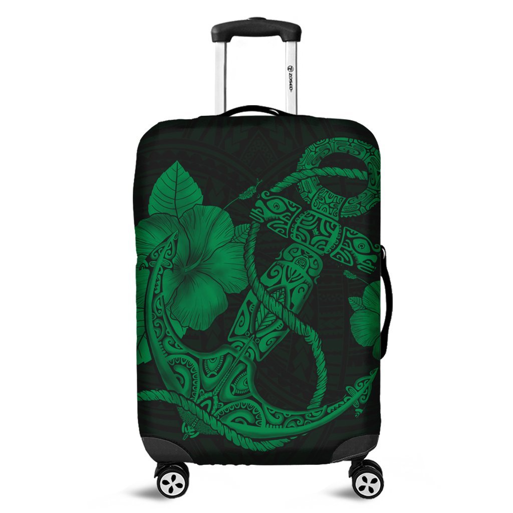 Hawaiian Anchor Poly Tribal Hibiscus Polynesian Luggage Covers Green - AH Black - Polynesian Pride