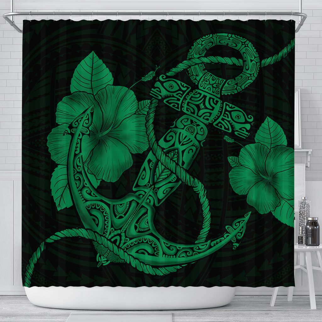 Hawaiian Anchor Poly Tribal Hibiscus Polynesian Shower Curtain Green - AH 177 x 172 (cm) Black - Polynesian Pride