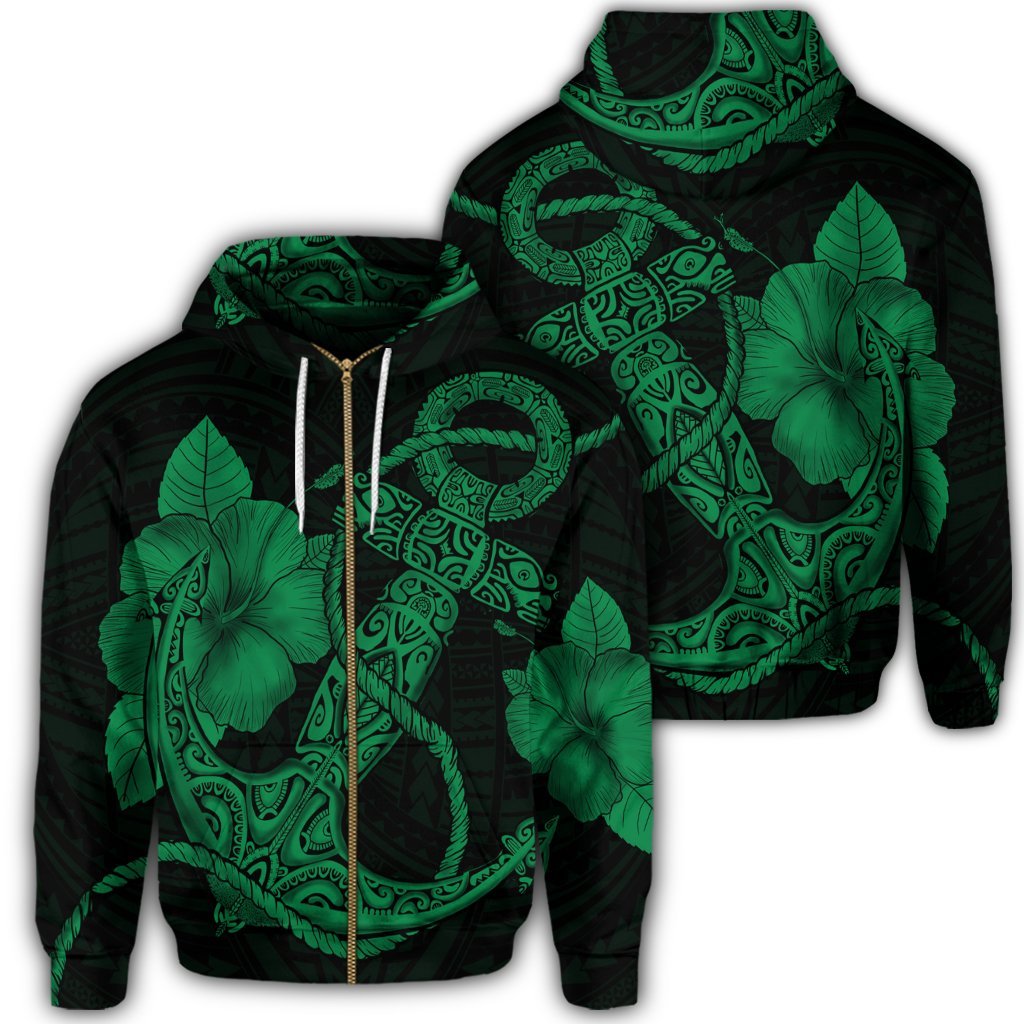 Hawaiian Anchor Poly Tribal Hibiscus Polynesian Zip Hoodie Green Unisex Art - Polynesian Pride