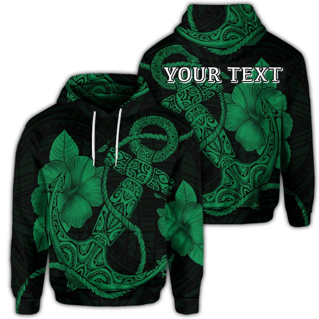 Custom Hawaiian Anchor Poly Tribal Hibiscus Polynesian Hoodie Green Unisex Art - Polynesian Pride