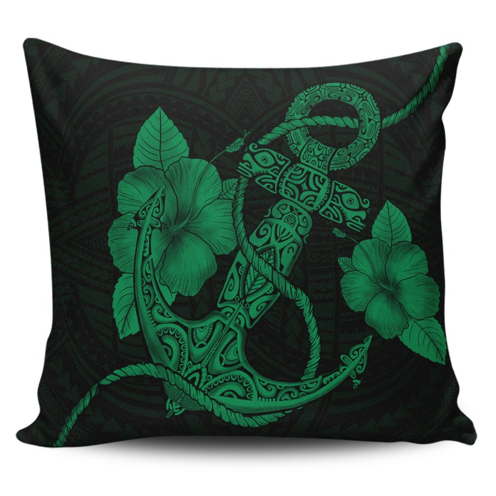 Hawaiian Anchor Poly Tribal Hibiscus Polynesian Pillow Covers Green - AH Pillow Covers Black - Polynesian Pride