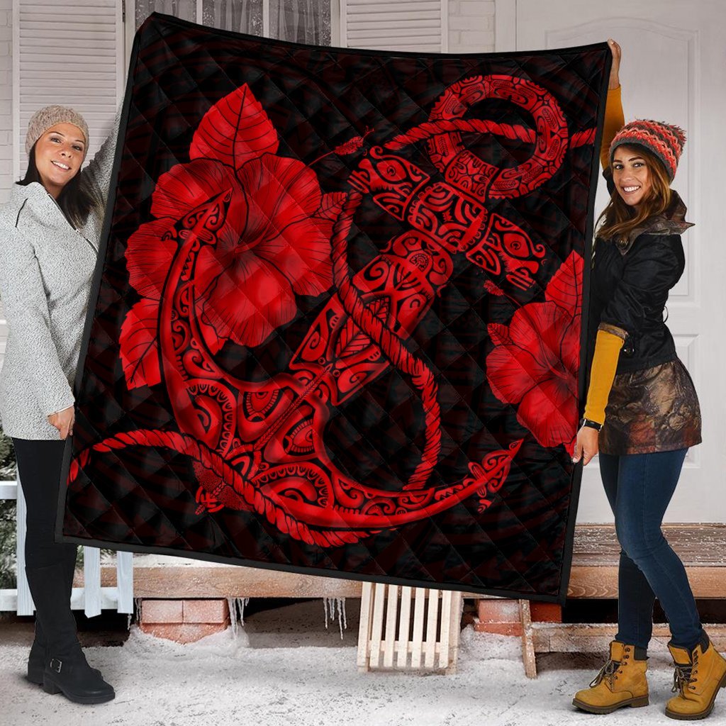 Hawaiian Anchor Poly Tribal Hibiscus Polynesian Premium Quilts Red - AH - Polynesian Pride