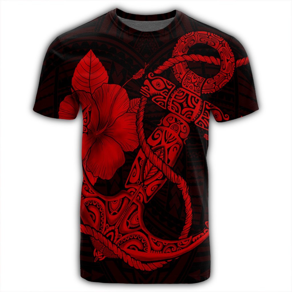 Hawaiian Anchor Poly Tribal Hibiscus Polynesian T Shirt Red - Polynesian Pride