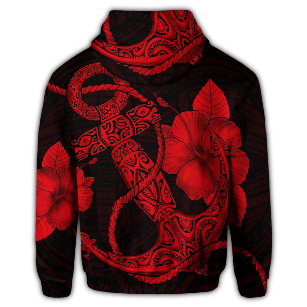 Hawaiian Anchor Poly Tribal Hibiscus Polynesian Zip Hoodie Red - Polynesian Pride