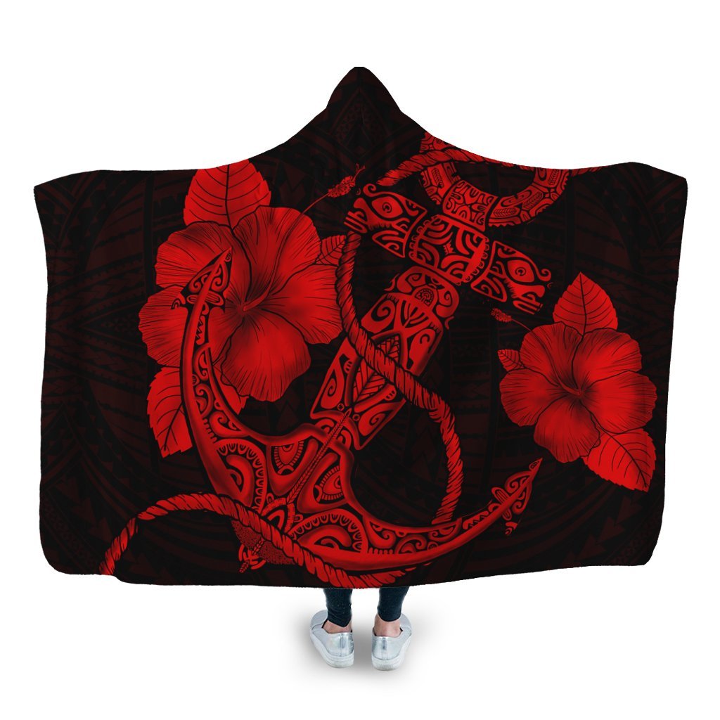 Hawaiian Anchor Poly Tribal Hibiscus Polynesian Hooded Blanket Red - AH Hooded Blanket White - Polynesian Pride