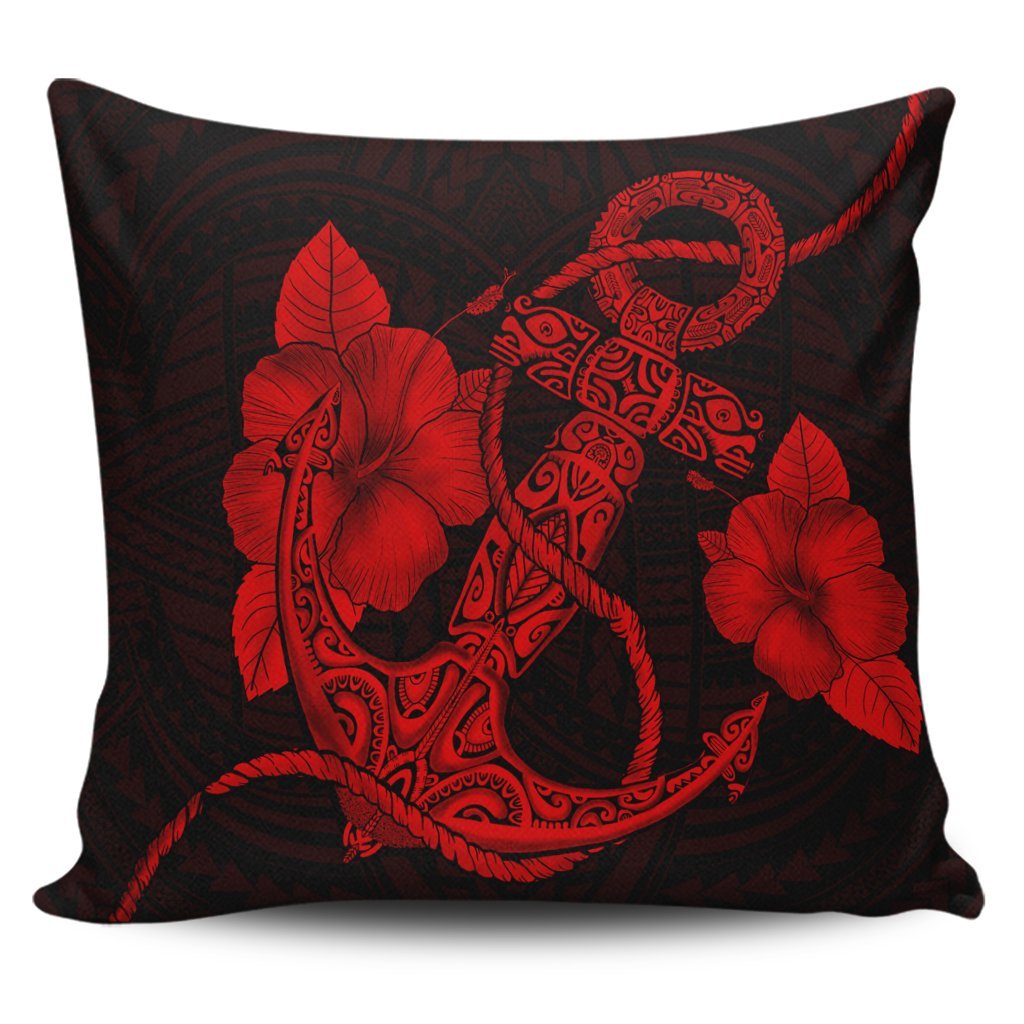 Hawaiian Anchor Poly Tribal Hibiscus Polynesian Pillow Covers Red - AH Pillow Covers Black - Polynesian Pride