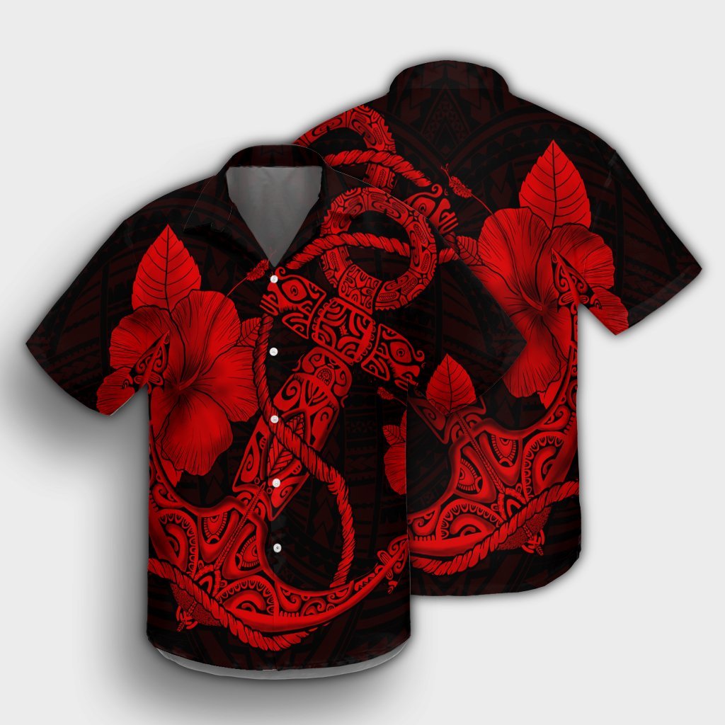 Hawaiian Anchor Poly Tribal Hibiscus Polynesian Hawaiian Shirt Red - AH - Polynesian Pride
