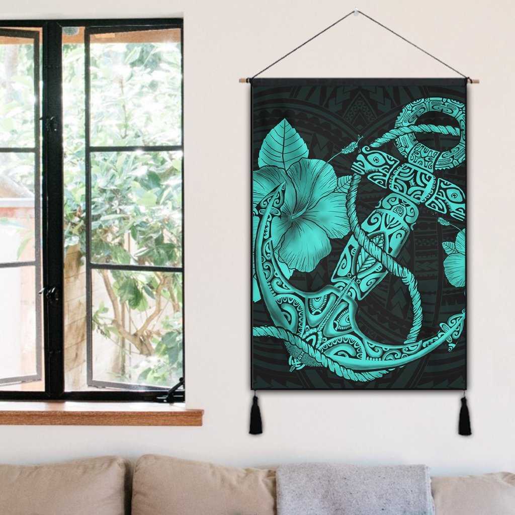 Hawaiian Anchor Poly Tribal Hibiscus Polynesian Hanging Poster Turquoise - AH - Polynesian Pride